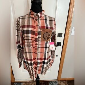 New Women’s MarleyLilly pumpkin plaid long sleeve tunic flannel shirt. Size XS